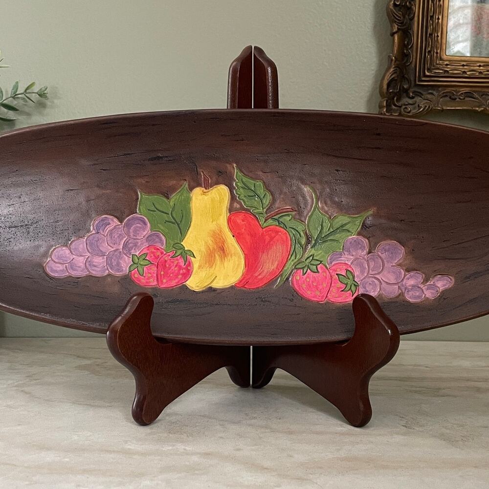 Vintage Hand Painted Ceramic Oval Fruit Tray | Folk Art Kitchen Decor
